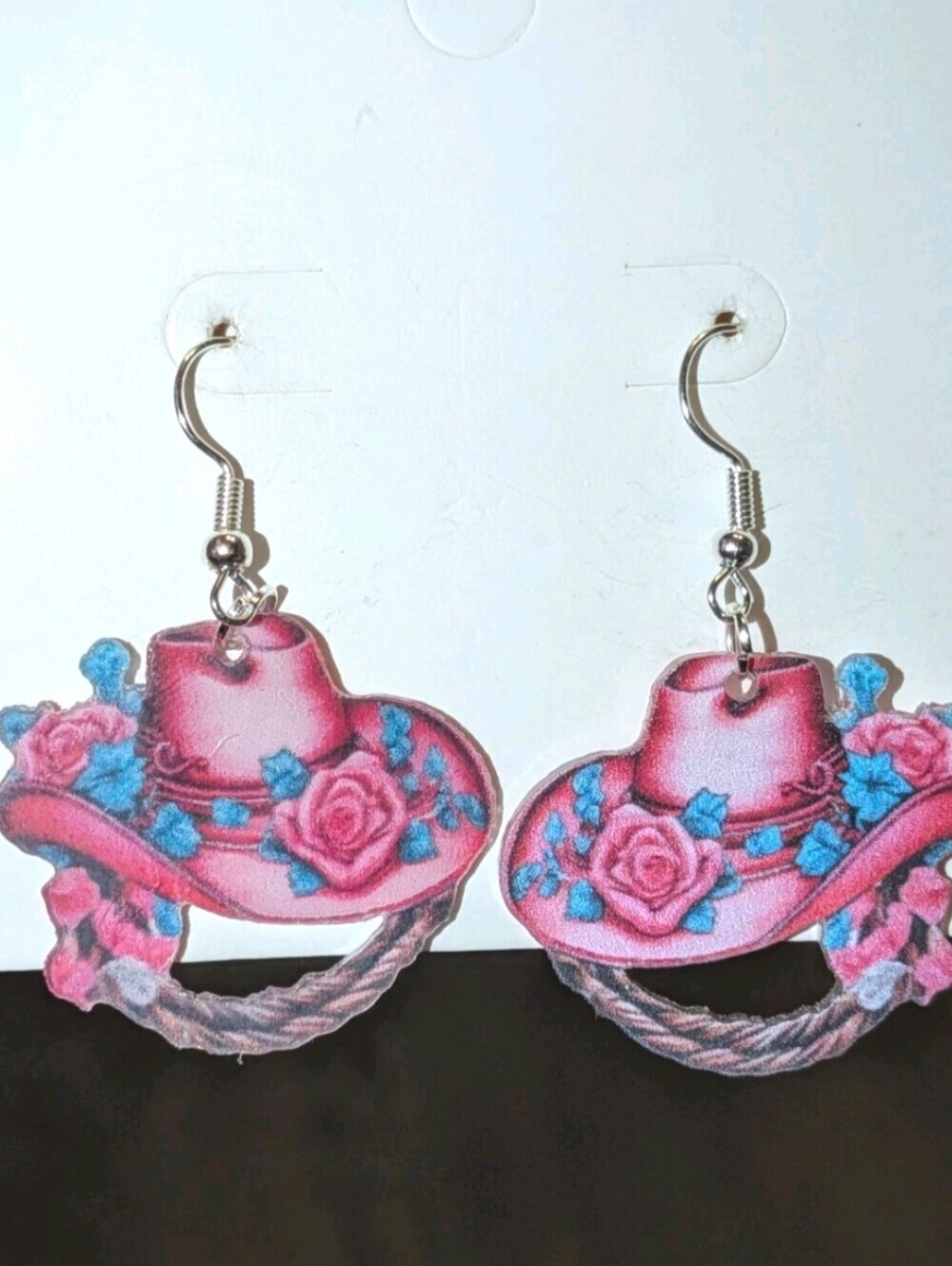 Women's Festive 2D Hand Crafted Stylish Pink Floral Cowboy Hat Drop Earrings